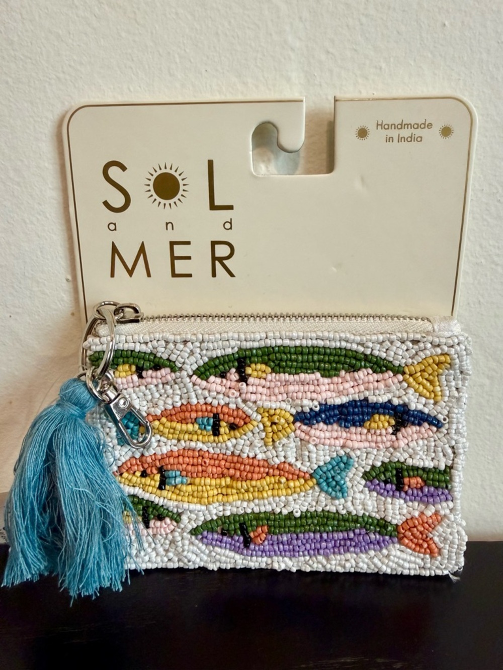 Sol and Mer Beaded Fish Wristlet with Blue Tassel
